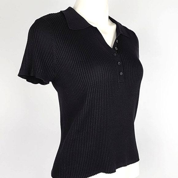 DKNY Women's Black Ribbed Knit Short Sleeve Collar Top Size Large - Picture 2 of 10
